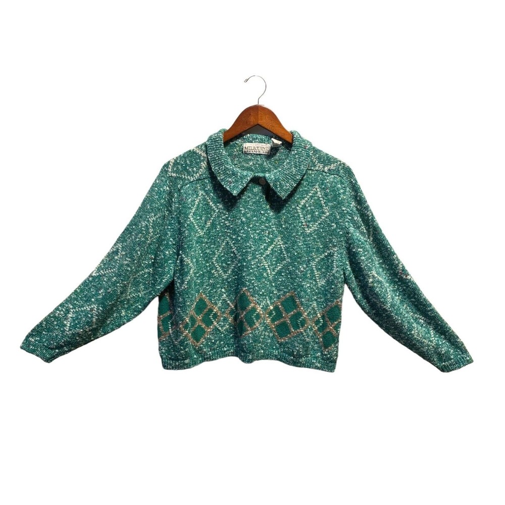 Vintage Sz M Green Marled Confetti Argyle Sweater Y2K Cropped 80s Cottagecore